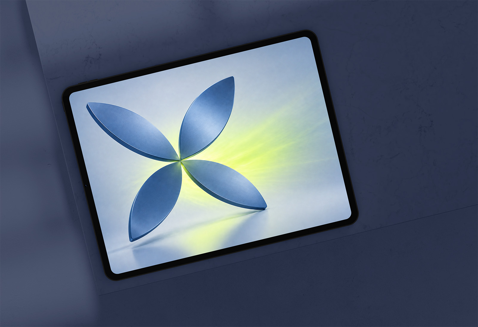 Tabletin näytöllä näkyy nelilehtinen sininen logo