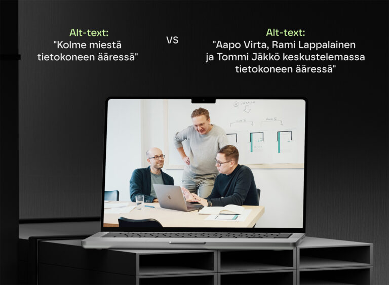 Infografiikka vertaa yleistä alt-tekstiä ja tarkempaa kuvausta kolmesta nimetystä miehestä keskustelemassa tietokoneen ääressä